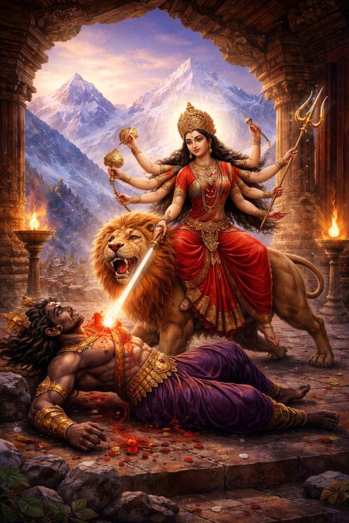 “Navratri Mantras – Maa Durga slaying Mahishasur on lion”.